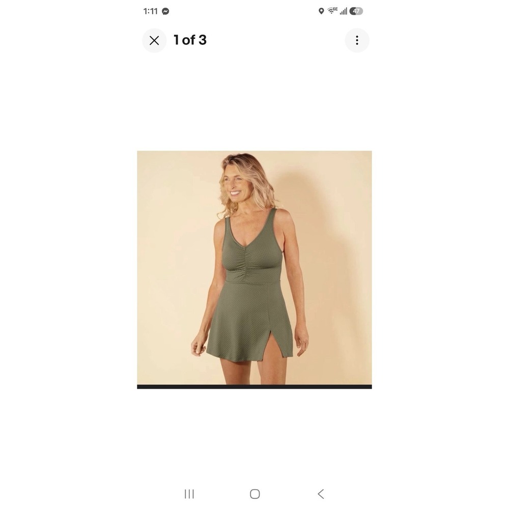 Lands' End Women's V-Neck Textured Shirred Swimdress XS Olive Green (267) - Picture 4 of 6